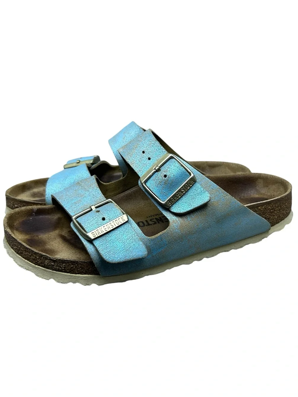 Birkenstock Womens Arizona Washed Metallic Aqua Suede Slides Sandals 38 EU/ 7 US